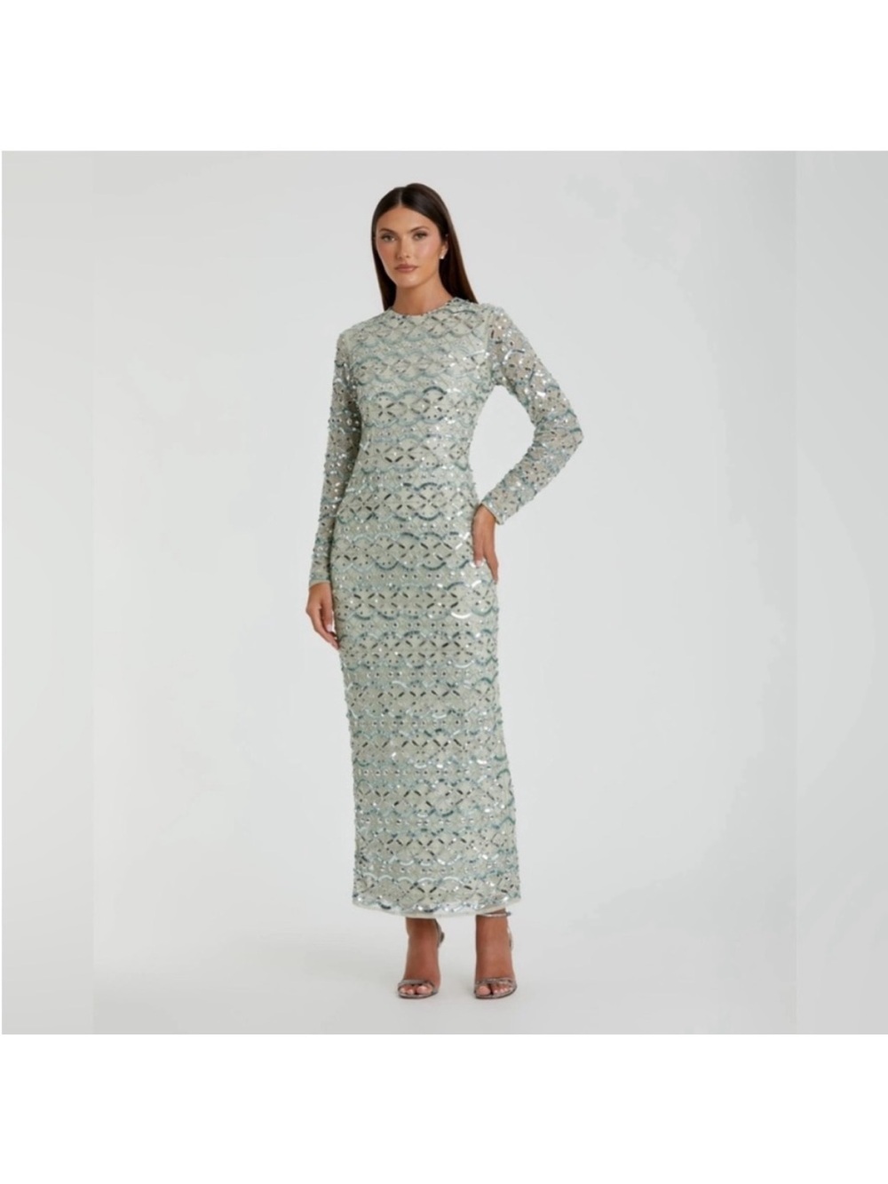 Mac Duggal 94194 Jade Green High Neck Long Sleeve Embellished Dress Sz 10